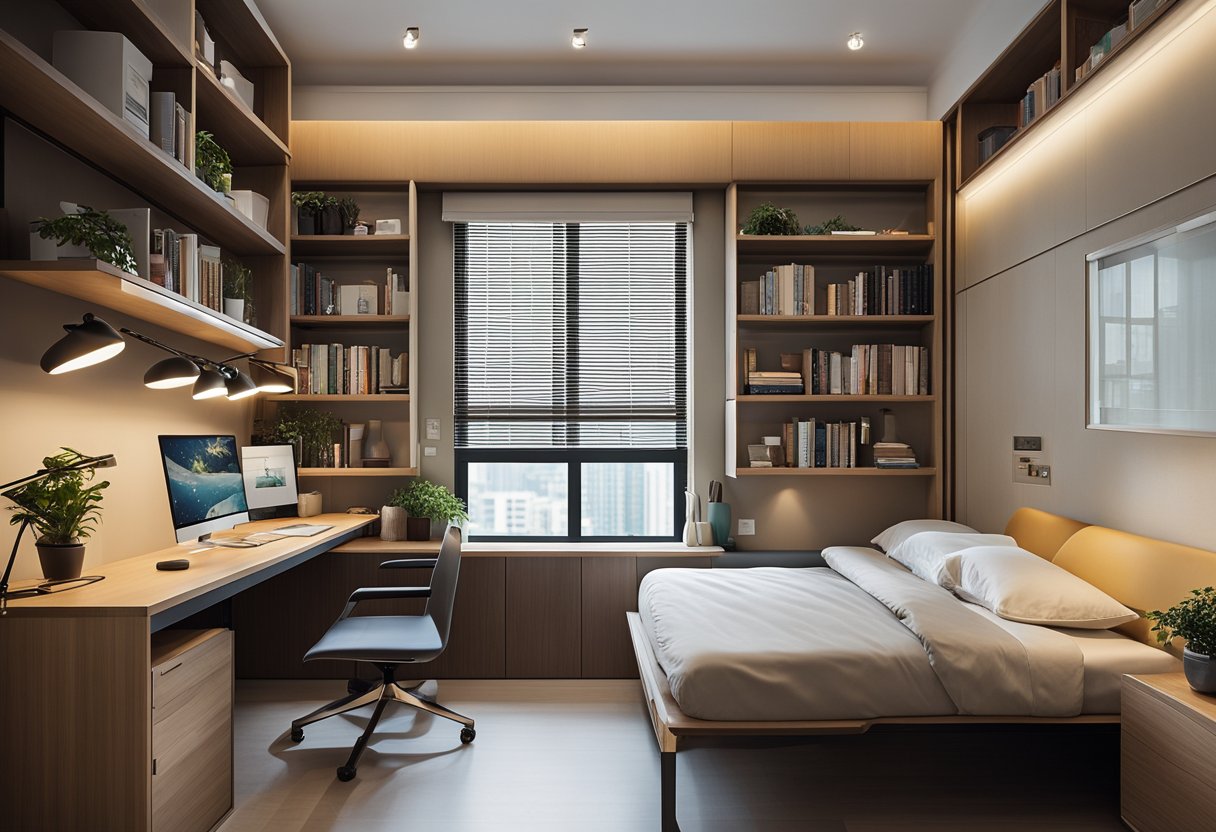 A cozy HDB bedroom with a study table positioned near a window, allowing natural light to illuminate the space. The room is organized and clutter-free, with shelves and storage for books and supplies