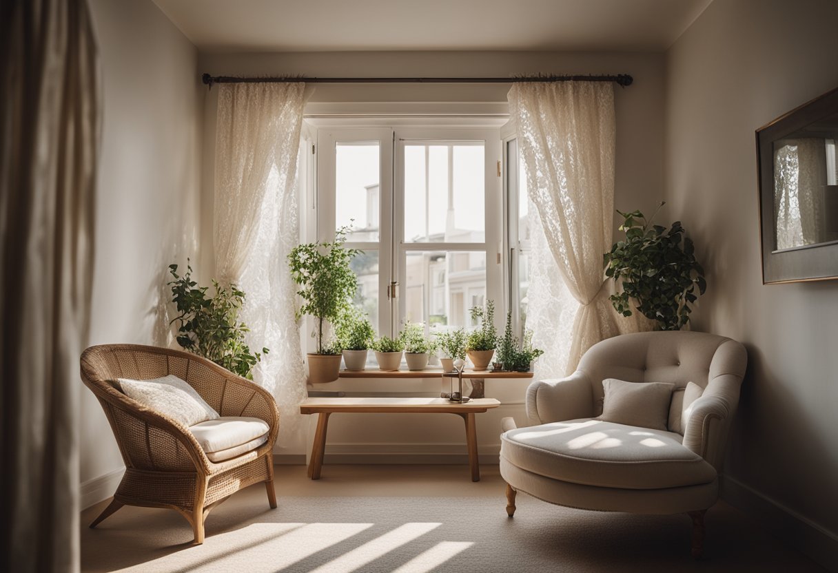 A bedroom window with lace curtains, casting soft shadows on a cozy reading nook with a plush armchair and a small side table with a vase of flowers