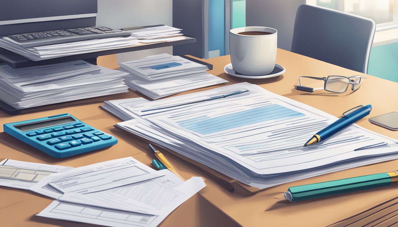 A stack of unsecured business loan documents sits on a cluttered desk, with a pen and calculator nearby