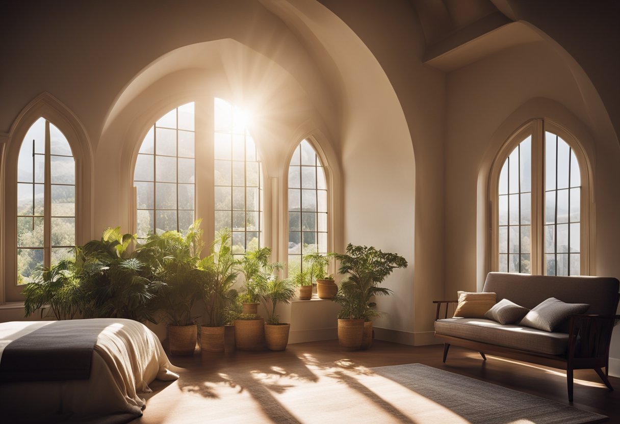 Sunlight streams through a large, arched window, illuminating a cozy bedroom. The window is framed by billowing curtains, with a small potted plant sitting on the sill. A comfortable reading nook is nestled beneath the window, inviting relaxation