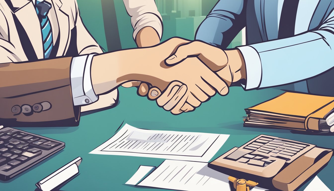 A business owner signs a contract for an unsecured term loan with a financial institution, shaking hands with the lender in agreement