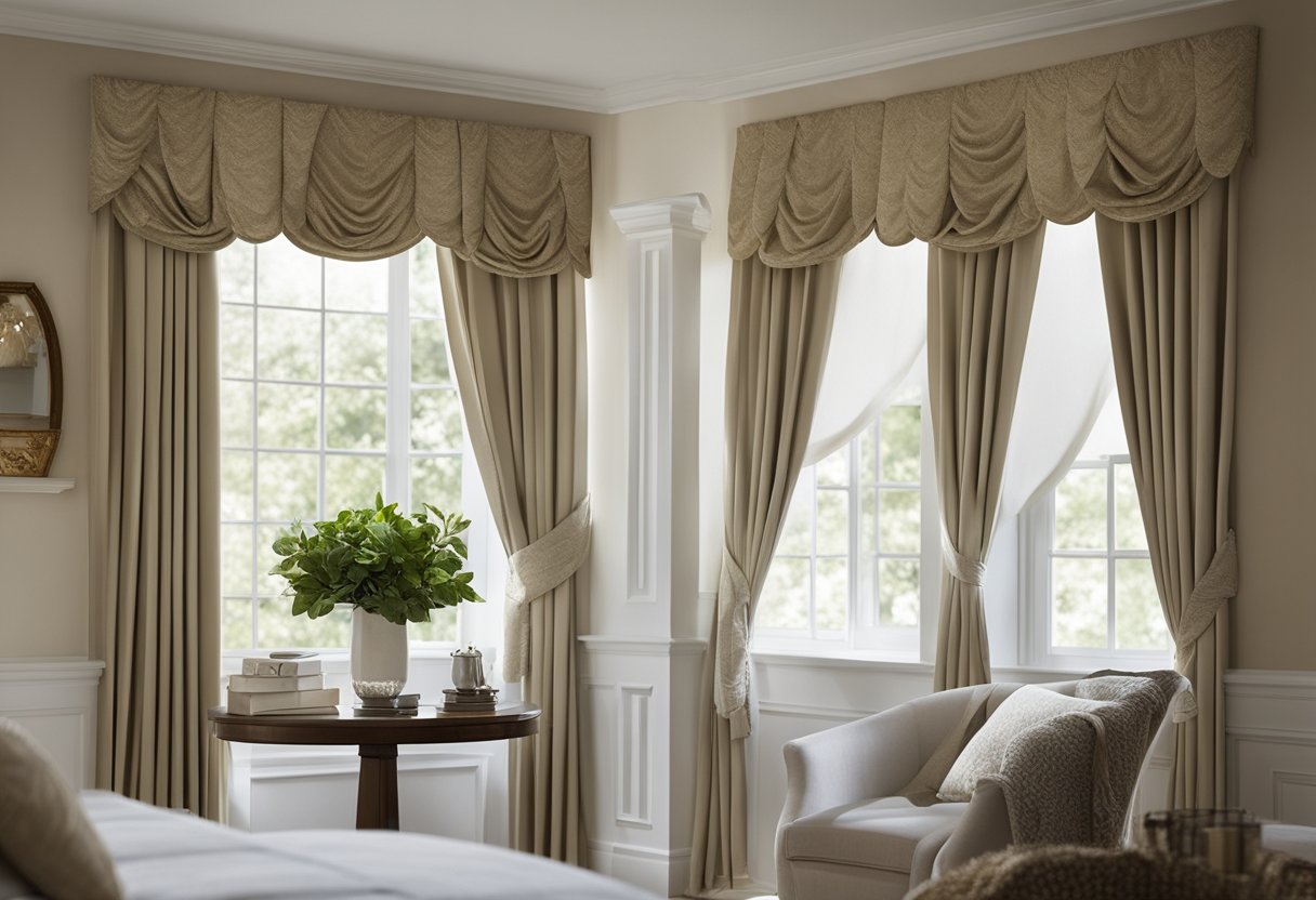 A bedroom window adorned with elegant curtains and decorative tiebacks, complemented by a stylish valance and coordinating window treatments