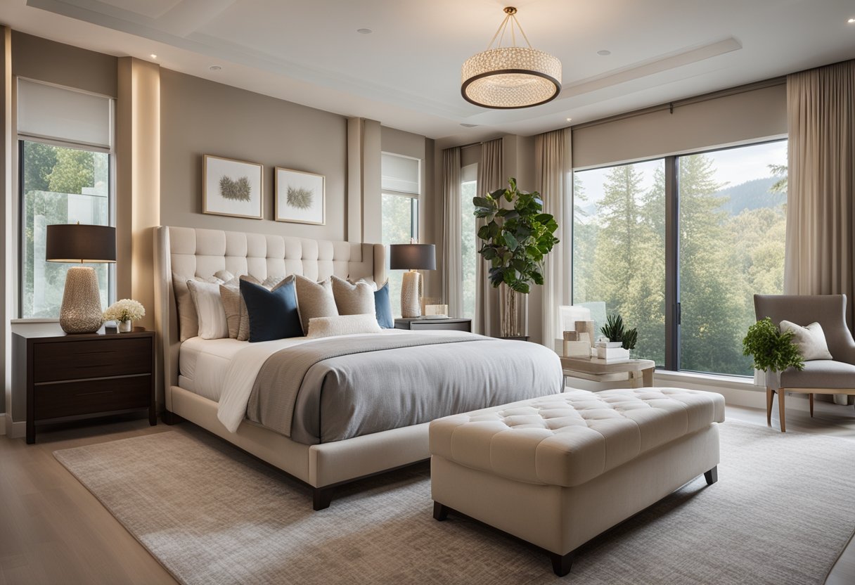 A spacious, elegant master bedroom with modern furniture, soft lighting, and a neutral color palette. A large, plush bed sits in the center, surrounded by luxurious decor and large windows offering a view of nature