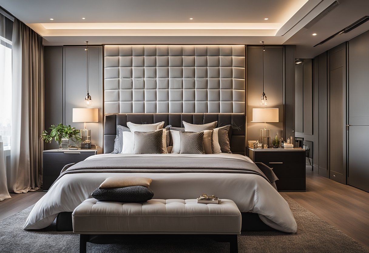 A cozy, modern master bedroom with a unique, custom-designed headboard, luxurious bedding, and stylish lighting fixtures
