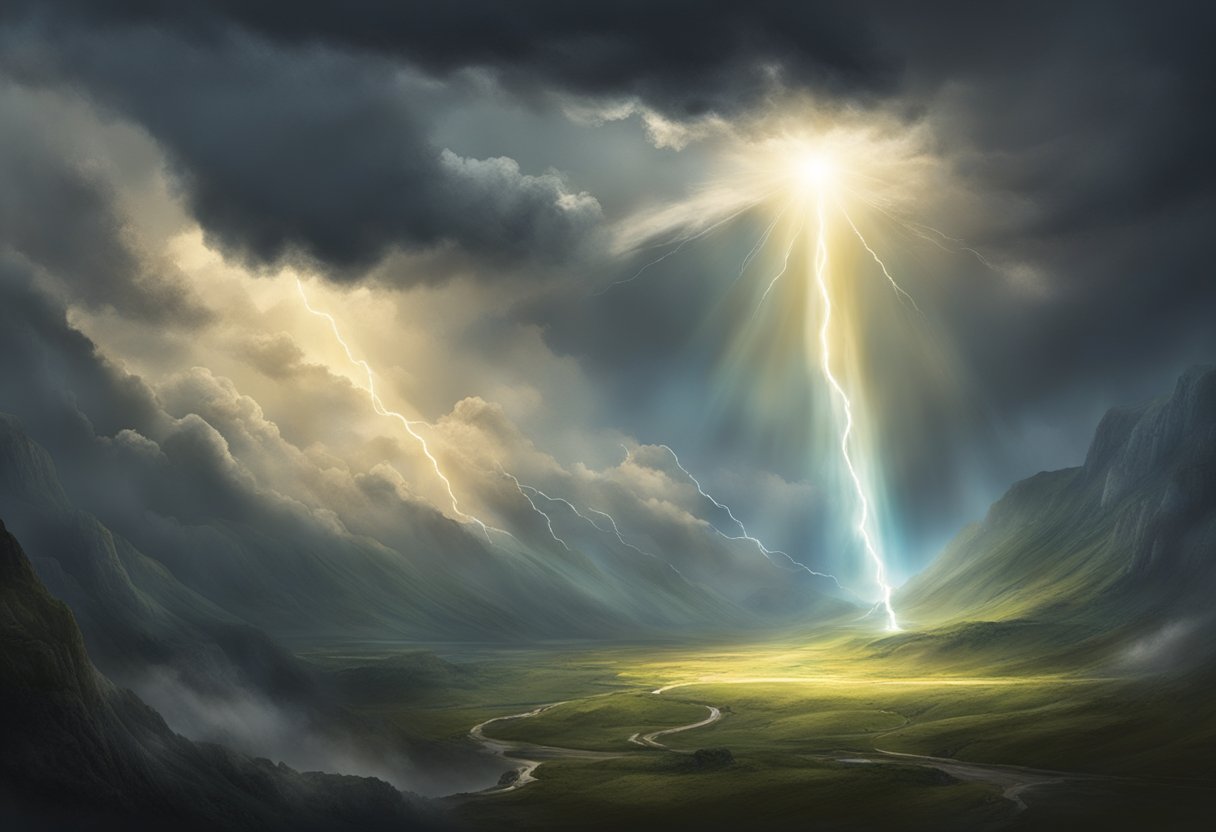 A beam of light piercing through dark clouds, illuminating a battleground where spiritual forces clash in a fierce struggle