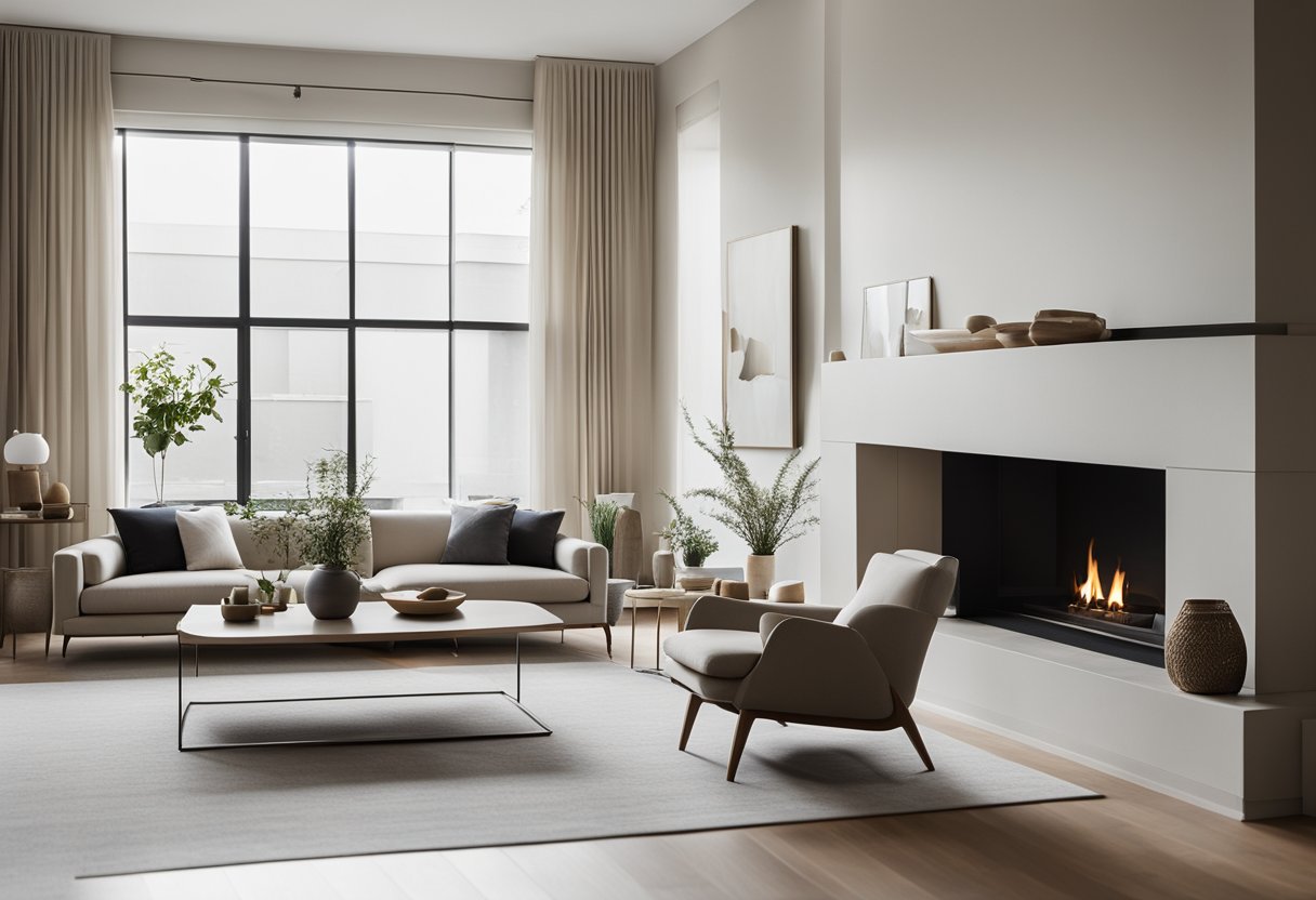 A modern, minimalist living room with neutral tones, clean lines, and natural light streaming in through large windows. A sleek, contemporary fireplace sits as the focal point, while carefully curated furniture and artwork add warmth and personality to the space