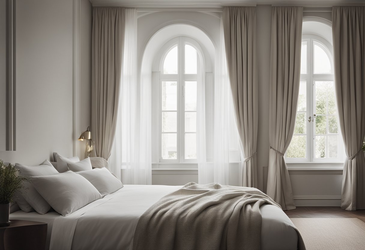 A bedroom window with a simple yet elegant design, featuring clean lines and a minimalistic frame. The window is surrounded by soft, flowing curtains that add a touch of warmth to the room
