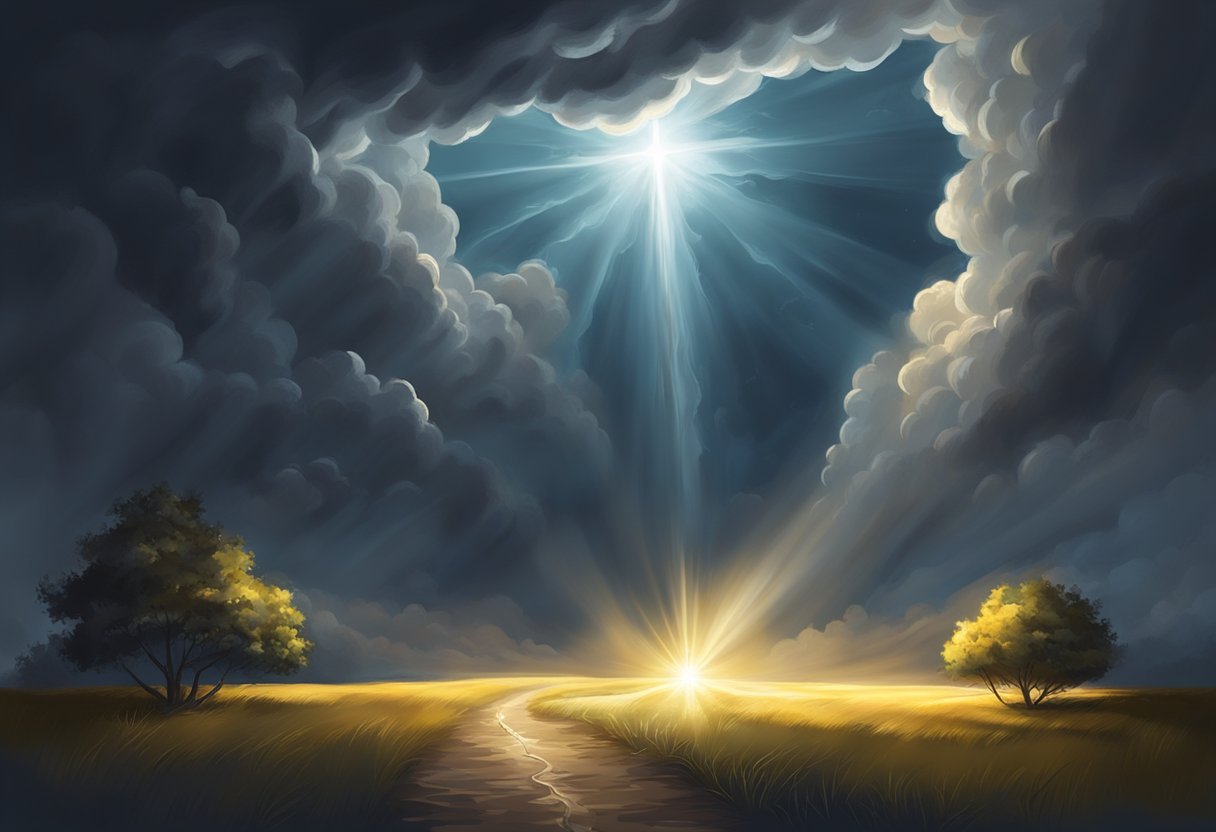 A bright, radiant light shining through a dark, stormy sky, illuminating a path through the chaos, symbolizing the power of prayer against dark forces