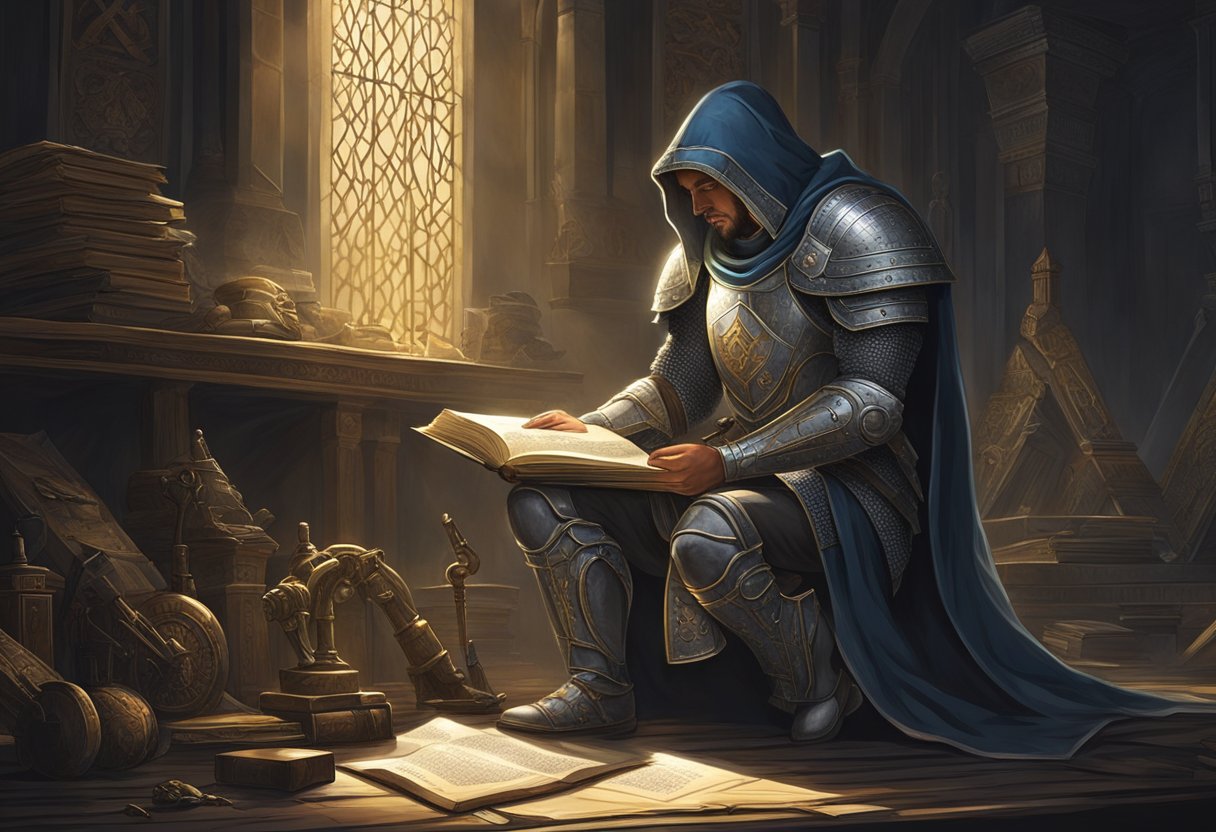 A figure kneels in a dimly lit room, surrounded by ancient weapons and armor. A beam of light cuts through the darkness, illuminating a book of powerful prayers