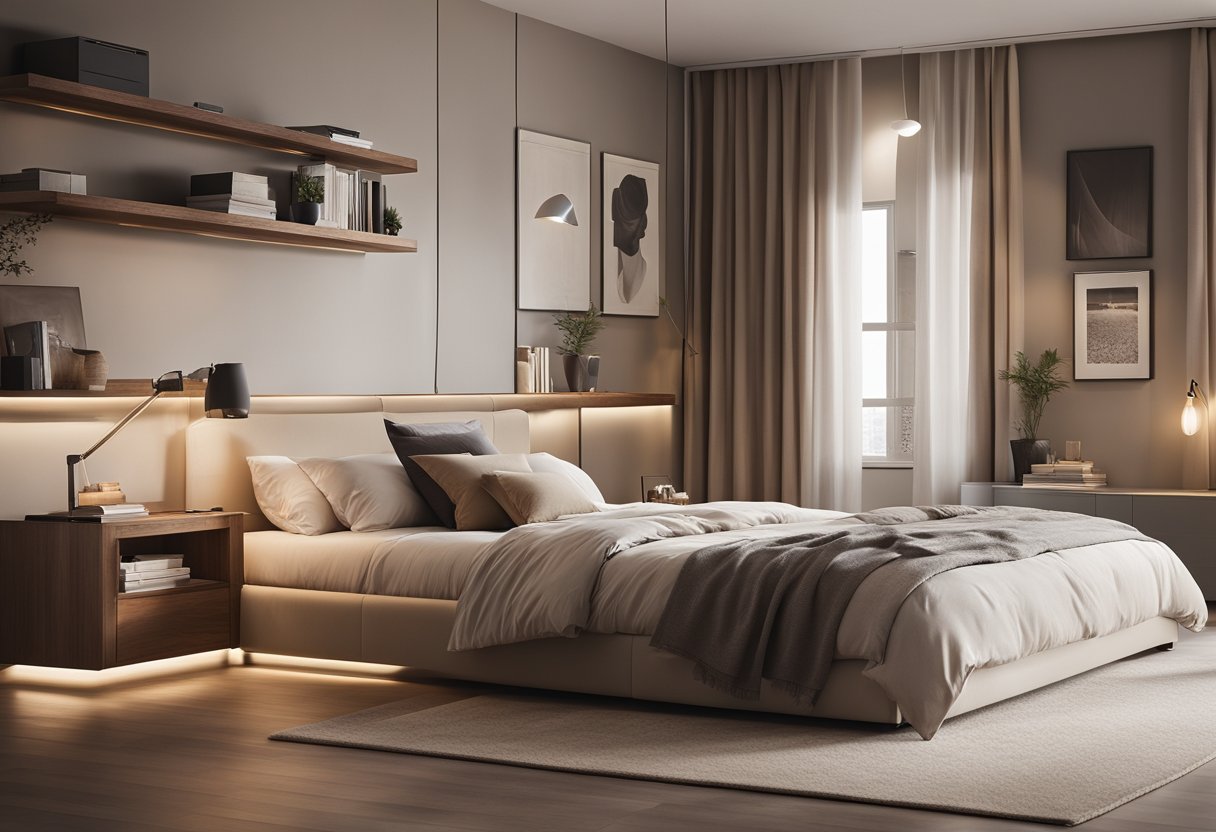 A cozy bedroom with a minimalist design, featuring a platform bed with storage, wall-mounted shelves, and a small desk with a chair. The room is adorned with neutral colors and soft lighting