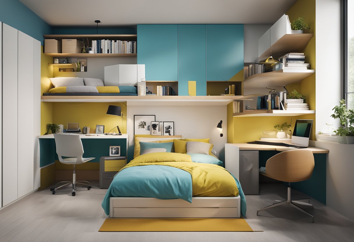 A small bedroom with a loft bed, wall-mounted desk, and built-in storage solutions. Bright colors and minimalistic decor create a sense of spaciousness