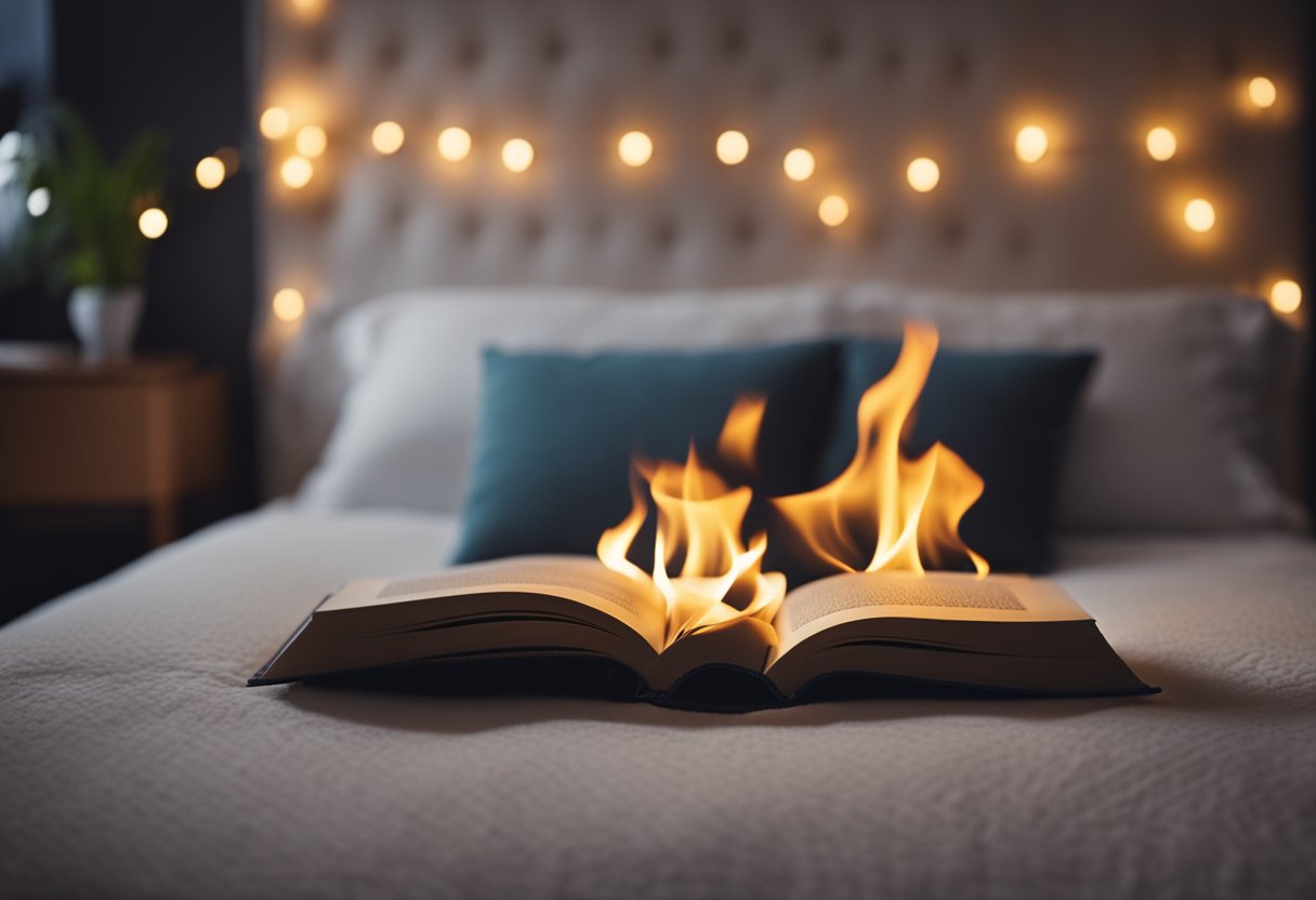 A crackling fire warms the room, casting a soft glow on plush pillows and warm blankets. A book lies open on a bedside table, waiting to be read