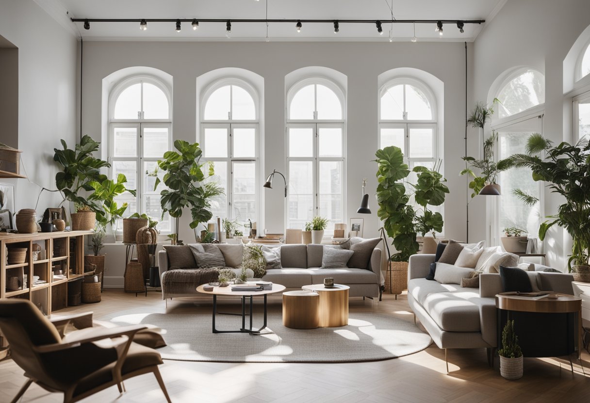 Interior designers' studio with modern furniture, mood boards, and design sketches. Bright, airy space with large windows and a cozy seating area