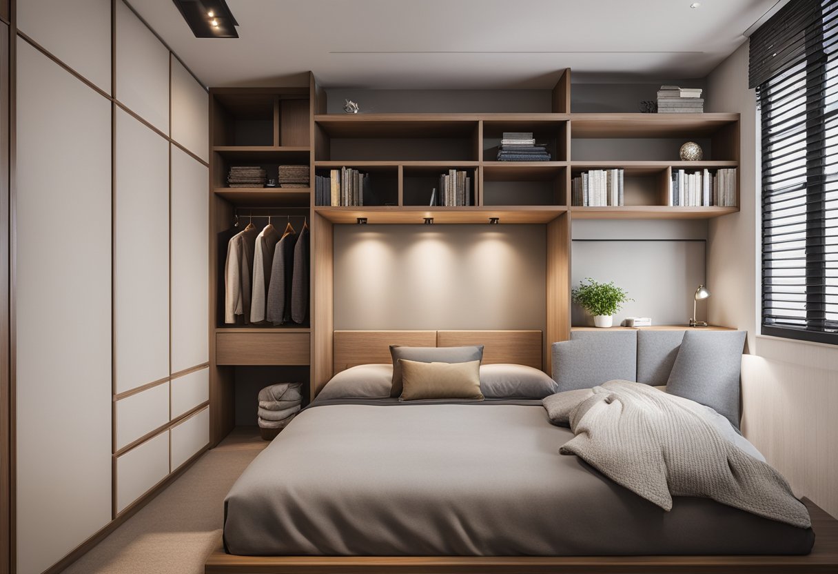 A small bedroom with a wall cupboard design, featuring sleek, space-saving shelves and compartments, maximizing storage in a compact space