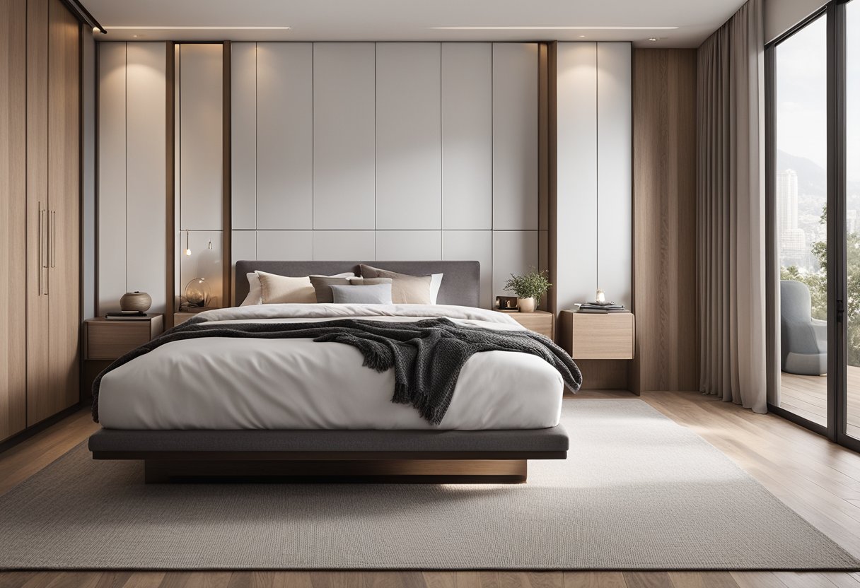 A cozy master bedroom with a space-saving platform bed, wall-mounted bedside tables, and a built-in wardrobe with mirrored sliding doors. A large window allows natural light to fill the room, and a plush area rug adds warmth to the hardwood floor