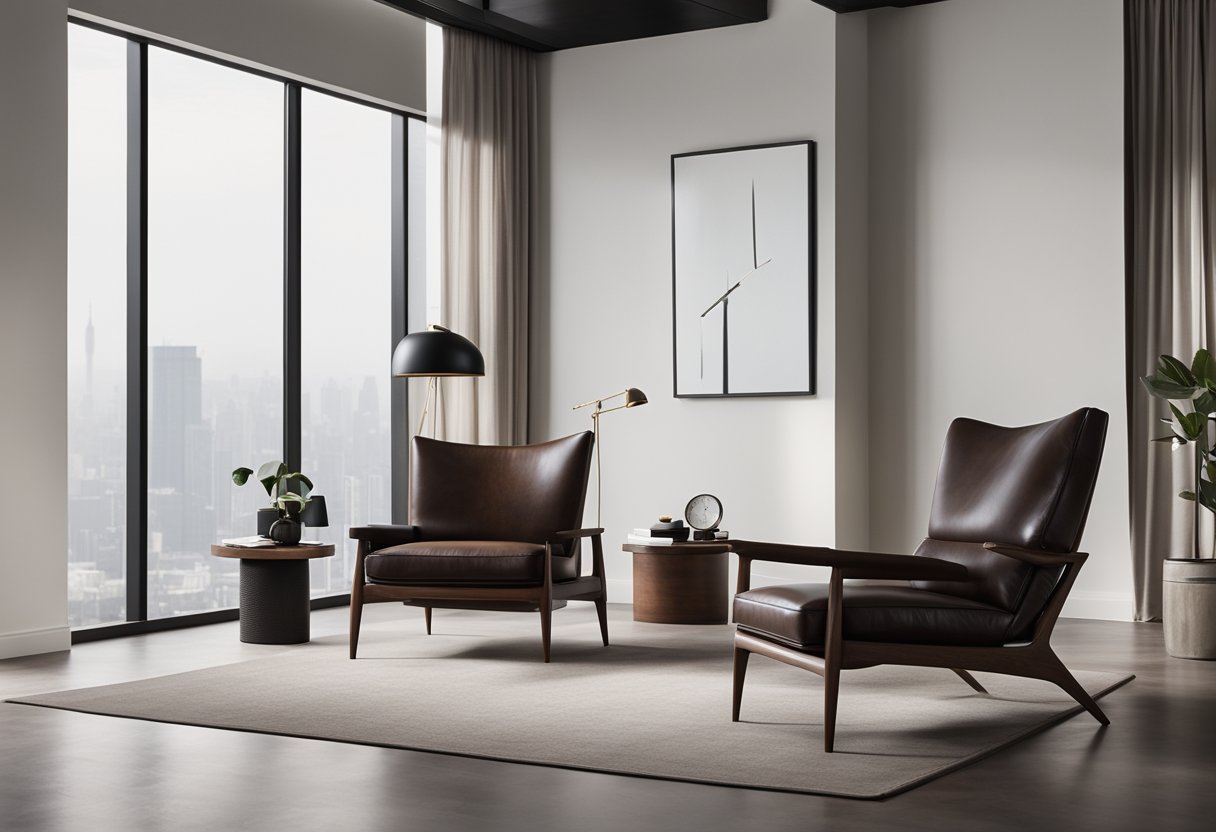 A sleek, minimalist bedroom with dark wood furniture, industrial accents, and a neutral color palette. A leather armchair and a large, modern artwork add a masculine touch