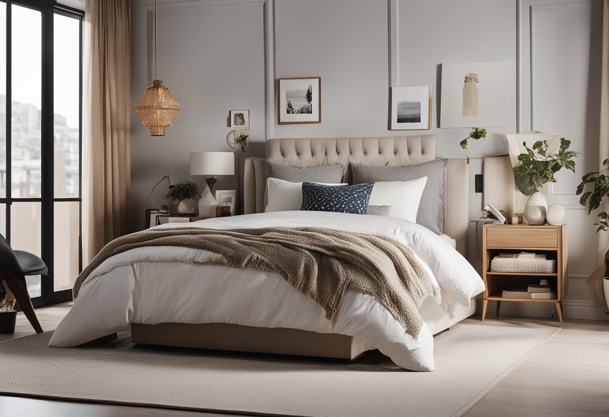 A cozy bedroom with a mix of modern and traditional elements. A neutral color palette with pops of vibrant accents. A comfortable bed with layered textures and patterns. A stylish workspace with personalized decor