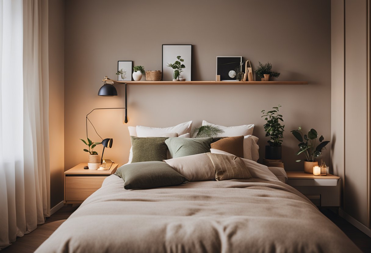 A person arranging cozy bedroom furniture and accessories in a warm, inviting space