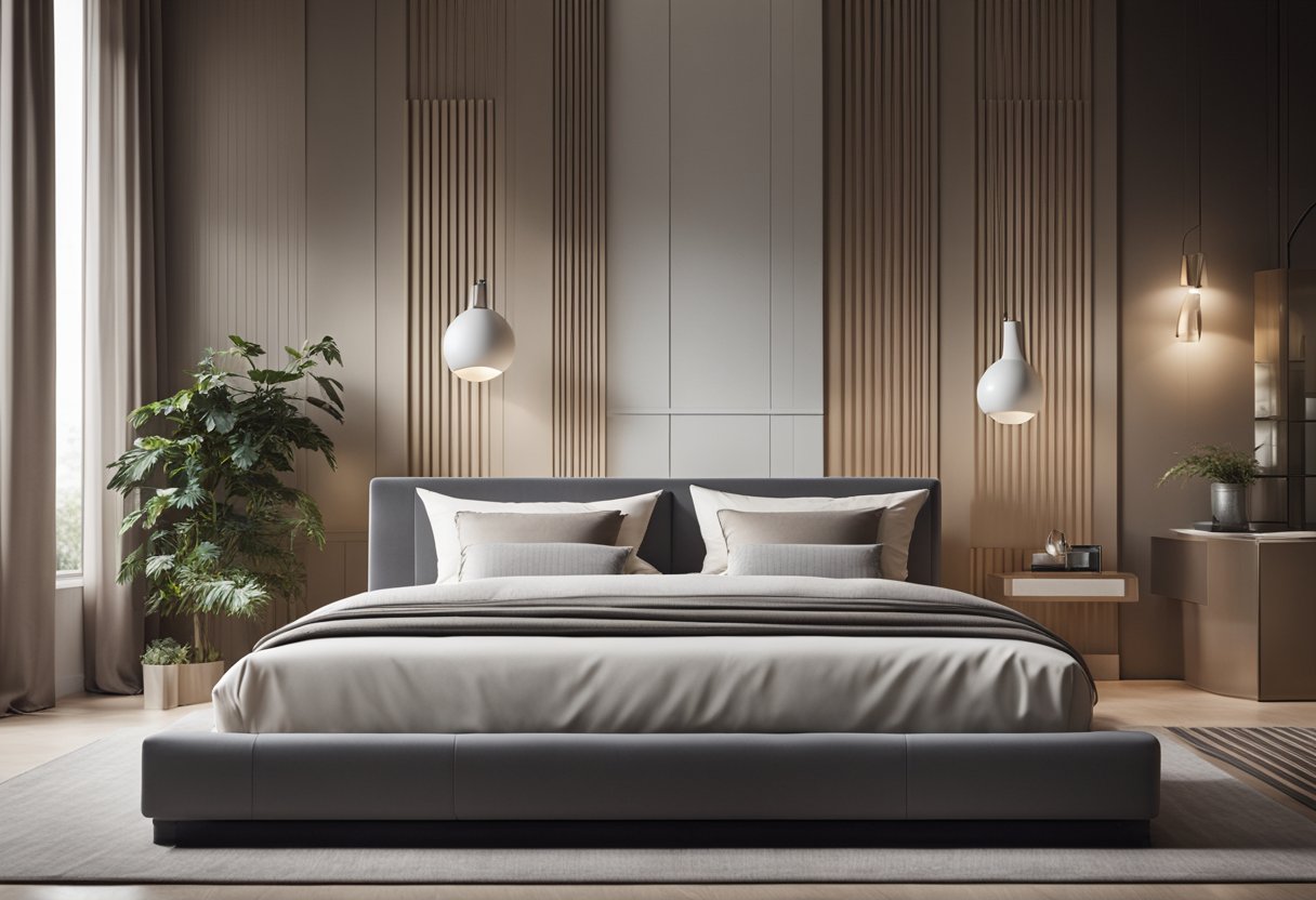 A sleek platform bed sits in a modern bedroom with clean lines, neutral colors, and minimalist decor