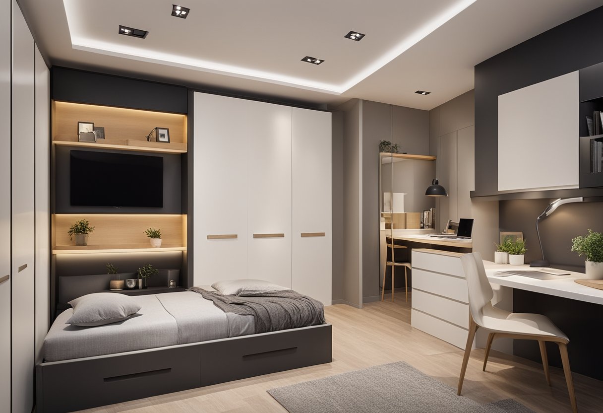 A small bedroom with a built-in wall cupboard, featuring space-saving designs and clever storage solutions