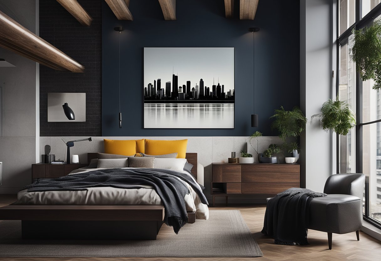 A minimalist bedroom with dark wood furniture, industrial accents, and pops of bold color. A wall mural of a city skyline adds urban flair