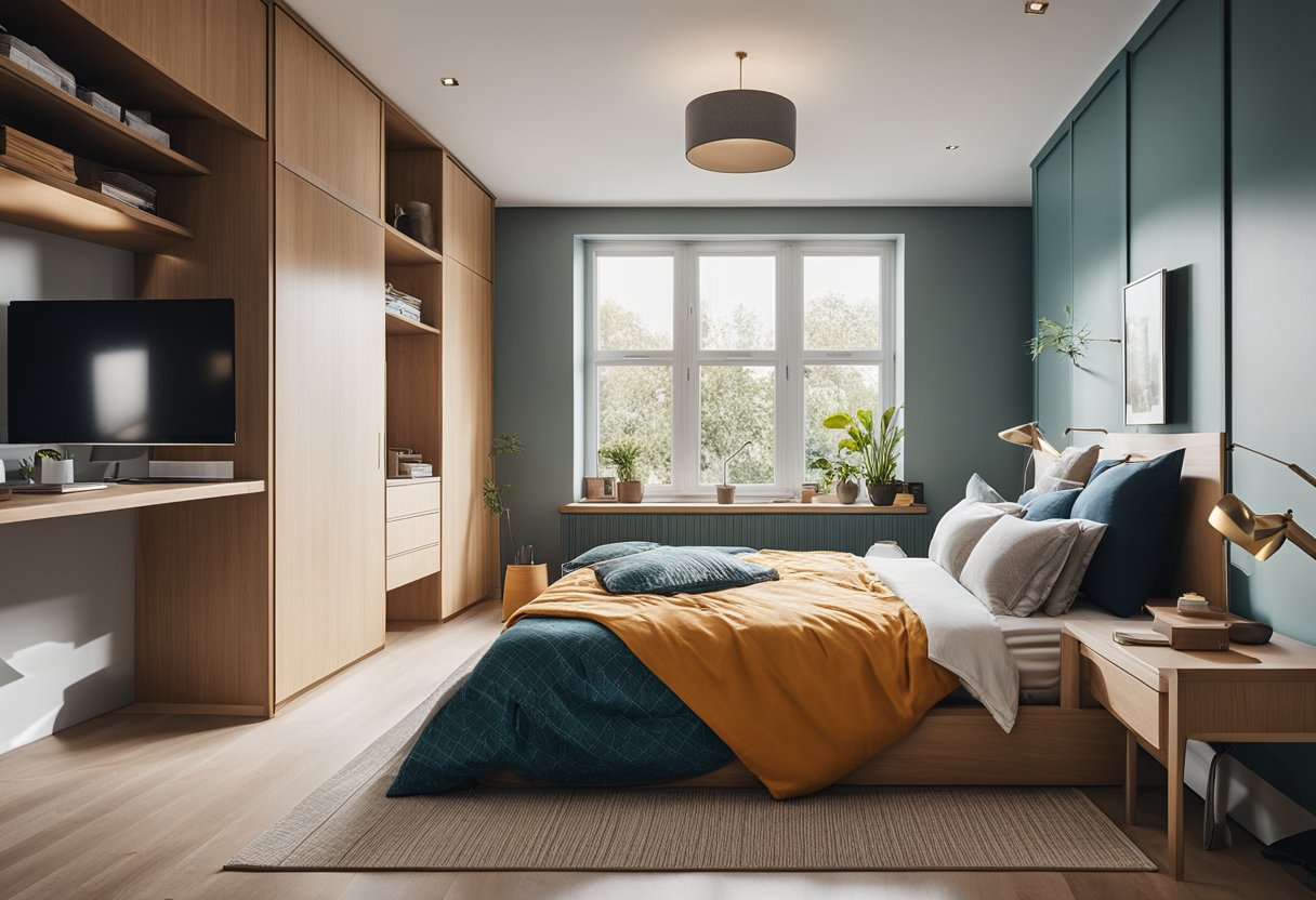 A cozy bedroom with space-saving furniture, vibrant accent wall, and clever storage solutions. Bright natural light floods the room through large windows, creating a welcoming and functional space