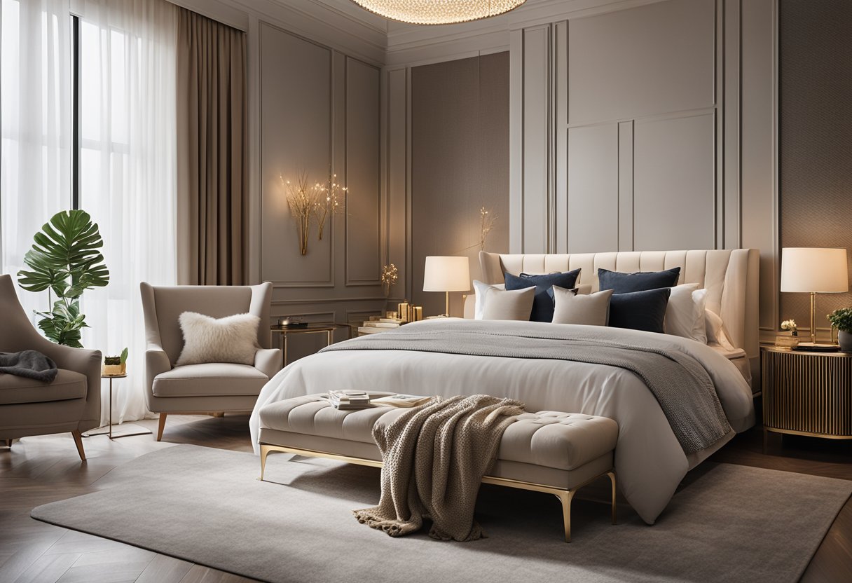 A luxurious master bedroom with elegant decor and soft lighting, featuring a cozy reading nook and a plush, inviting bed