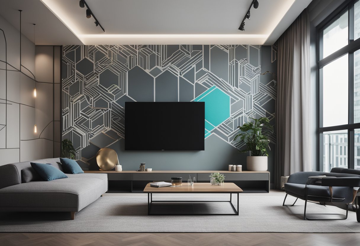 A modern, minimalist living room with chalked geometric designs on the walls, sleek furniture, and pops of color in Singapore