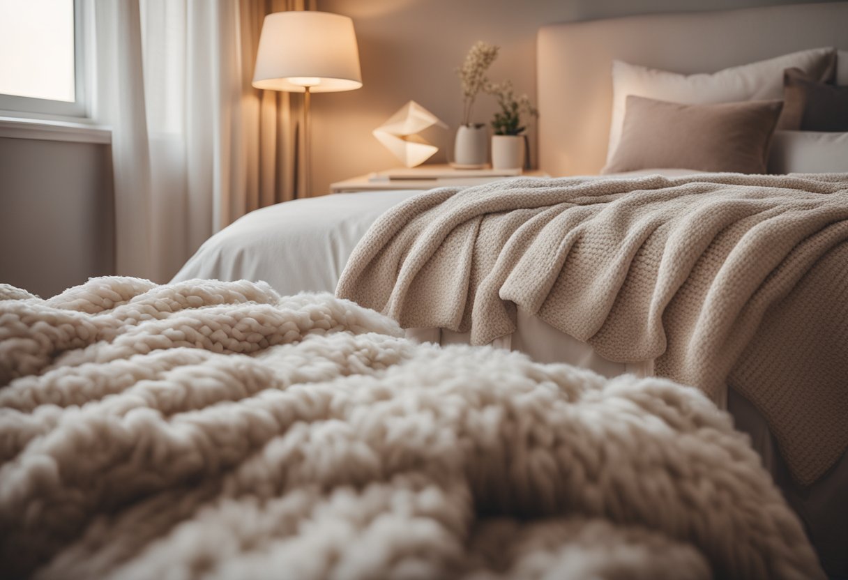 A warm, inviting bedroom with soft lighting, plush bedding, and a cozy reading nook. Subtle pastel colors and natural textures create a relaxed atmosphere