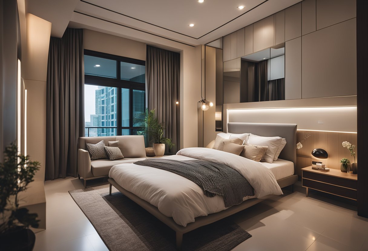 A cozy bedroom in a Singapore HDB flat, featuring a modern and minimalist design with sleek furniture, soft lighting, and a neutral color palette