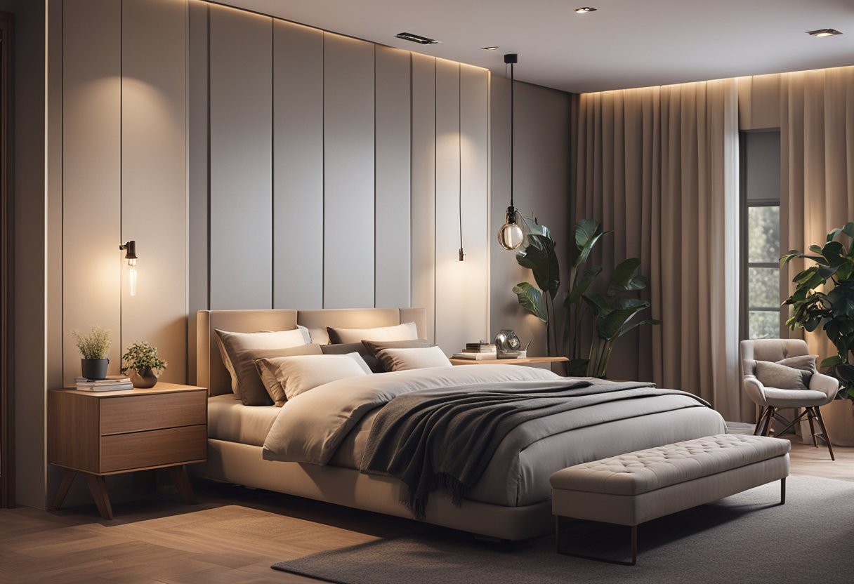 A cozy master bedroom with clever space-saving solutions and stylish decor. Compact furniture, smart storage, and soft lighting create a serene atmosphere