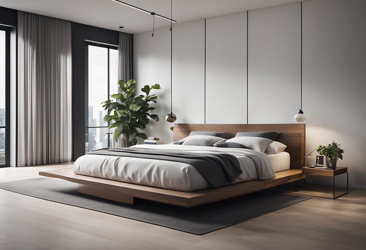 A sleek, modern platform bed sits in the center of a spacious, well-lit bedroom. The bed frame is low to the ground with clean lines and a minimalist design, adding a touch of contemporary elegance to the room