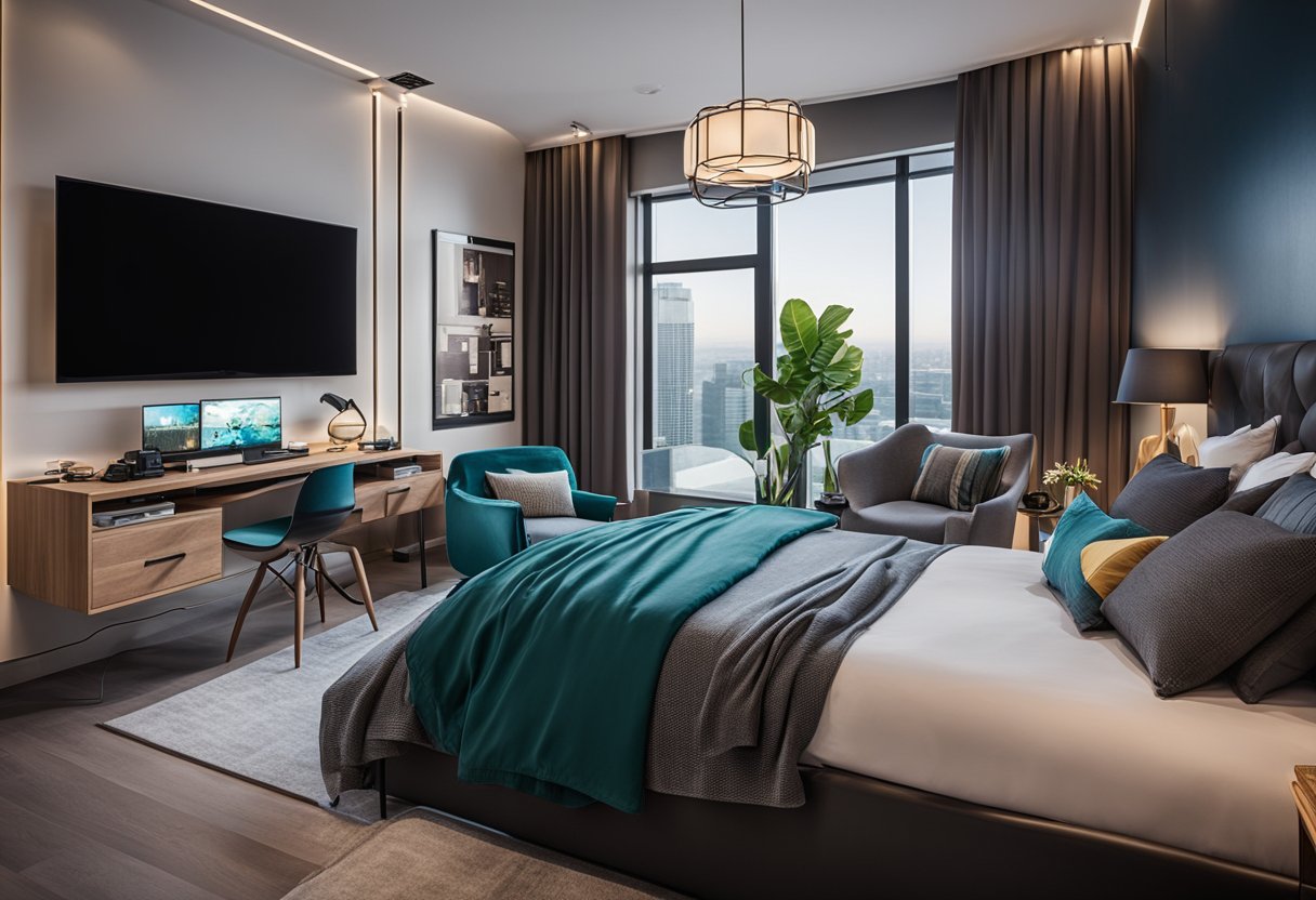 A modern bedroom with bold colors, sleek furniture, and tech gadgets. A gaming setup, sports memorabilia, and a comfortable seating area