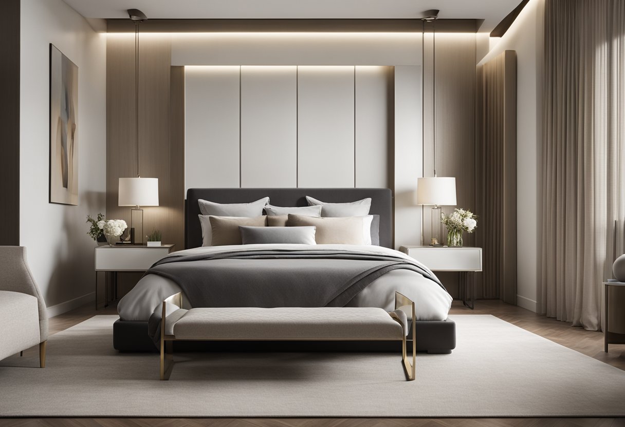 A modern master bedroom with a sleek, minimalist design. A large, plush bed sits against a backdrop of neutral tones and clean lines. A statement piece of artwork or furniture adds a touch of personality to the space