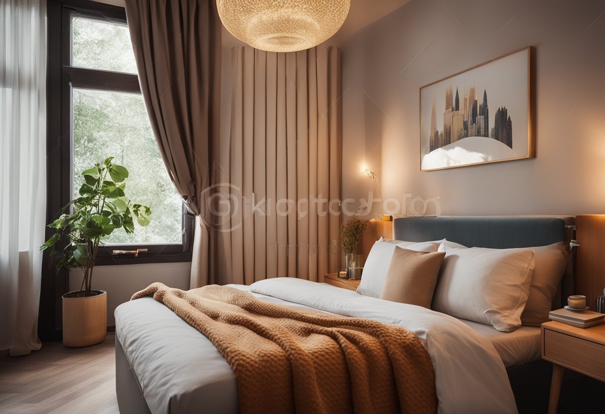 A cozy bedroom with a double bed, a small desk, and a window with curtains. The room is decorated with warm colors and soft lighting
