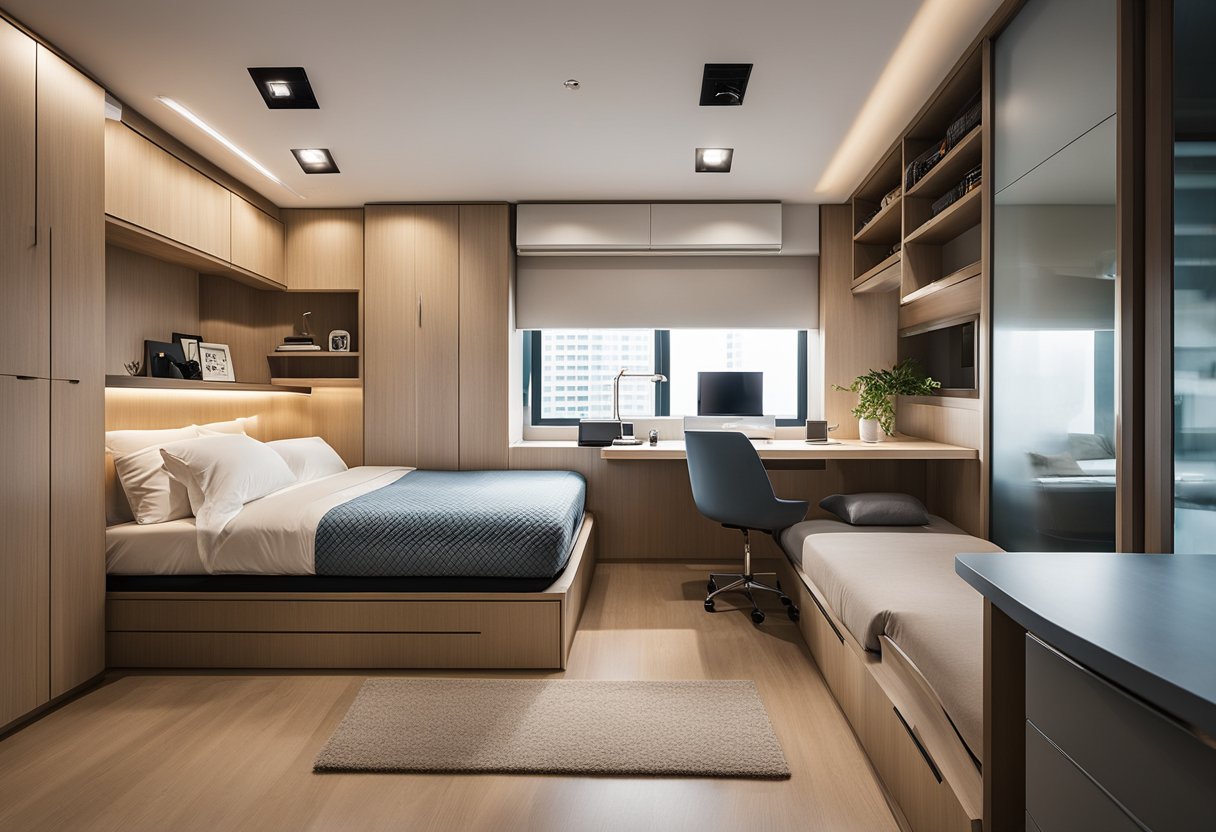 A bedroom with built-in storage solutions, a fold-down desk, and a wall-mounted bed to maximize space in a Singapore HDB bedroom design