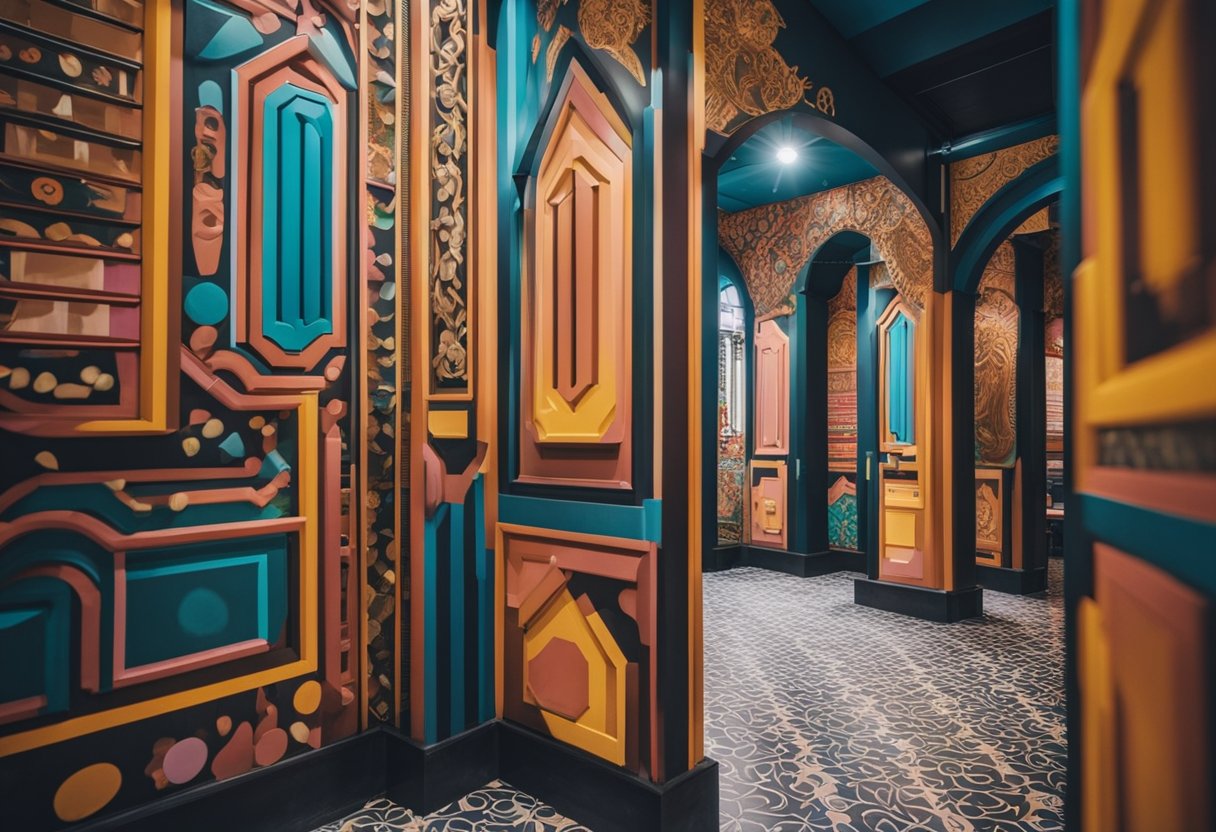 A vibrant, chalked interior design in Singapore, featuring intricate patterns and bold colors, creating a lively and artistic atmosphere