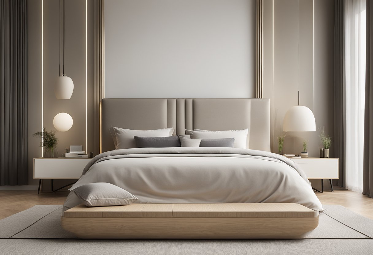 A platform bed sits in the center of a spacious, minimalist bedroom. Soft, neutral tones and natural materials create a serene and modern atmosphere