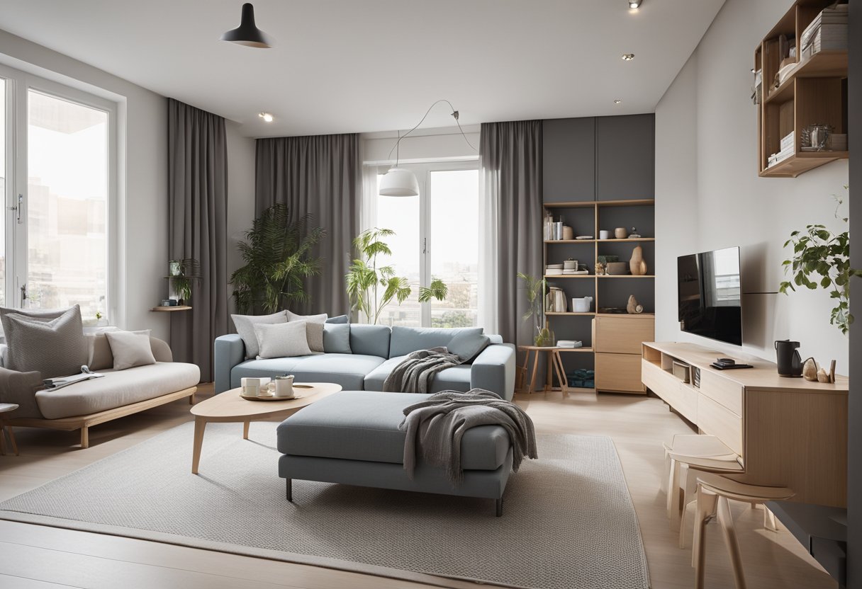 A compact one-bedroom flat with a modern, minimalist design. The space is maximized with clever storage solutions and multifunctional furniture. Light colors and large windows create an open and airy atmosphere
