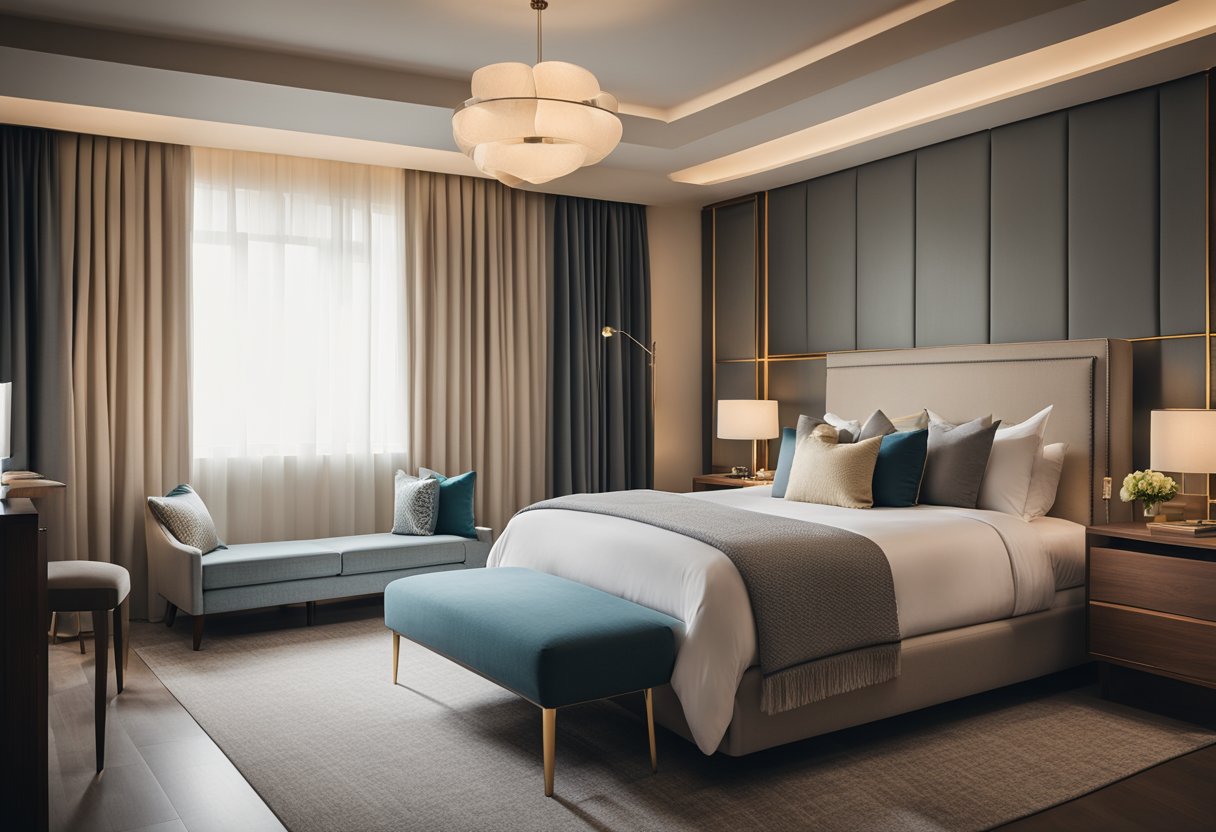 A hotel room bedroom with a king-sized bed, fluffy pillows, a cozy reading nook, and soft lighting. The color scheme is neutral with pops of color in the decor