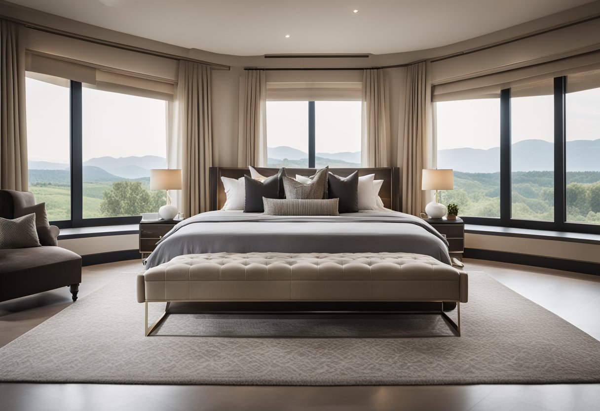 A spacious, elegant master bedroom with a luxurious king-sized bed, stylish furniture, and large windows offering a view of a serene landscape