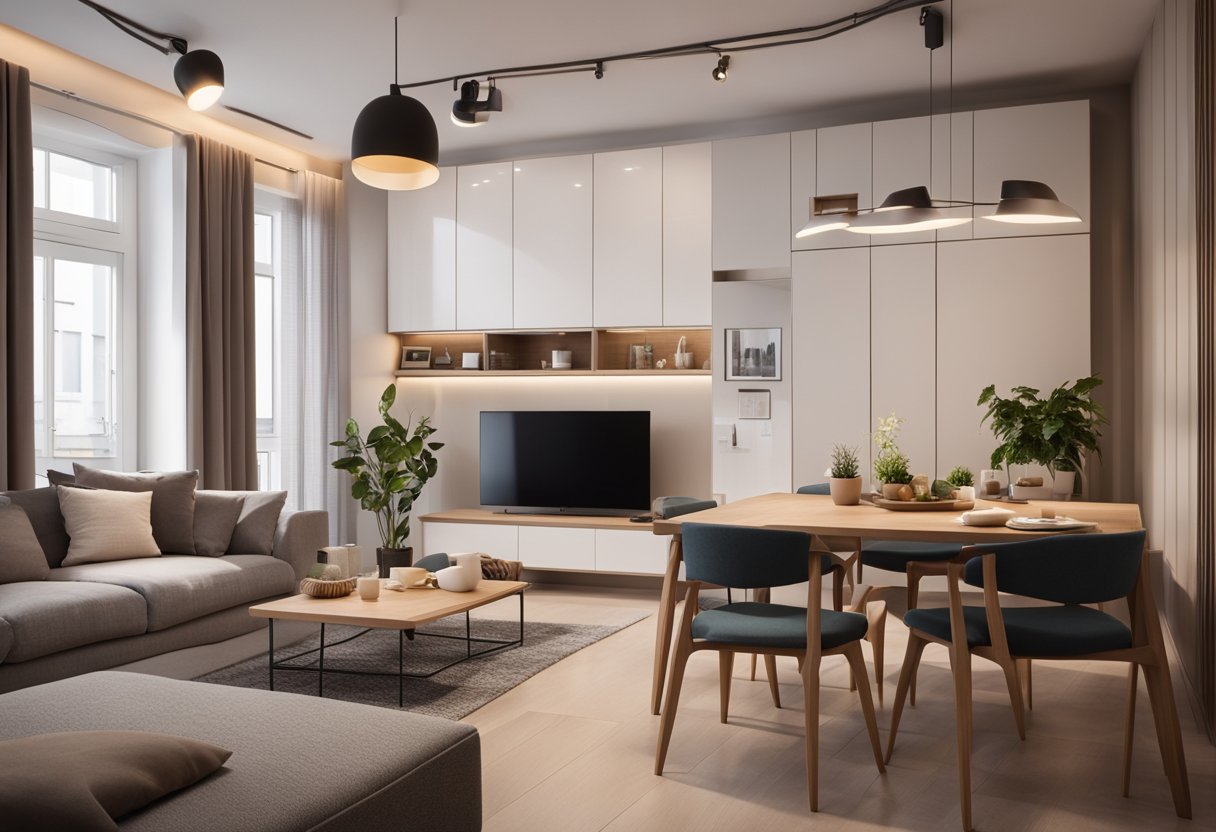 A cozy, modern one-bedroom flat with stylish furniture, soft lighting, and a warm color palette. The space is open and inviting, with a comfortable living area and a functional kitchen