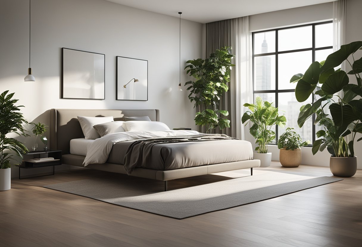 A modern, minimalist bedroom with a sleek bed, clean lines, and neutral colors. A large window lets in natural light, and a few plants add a touch of greenery