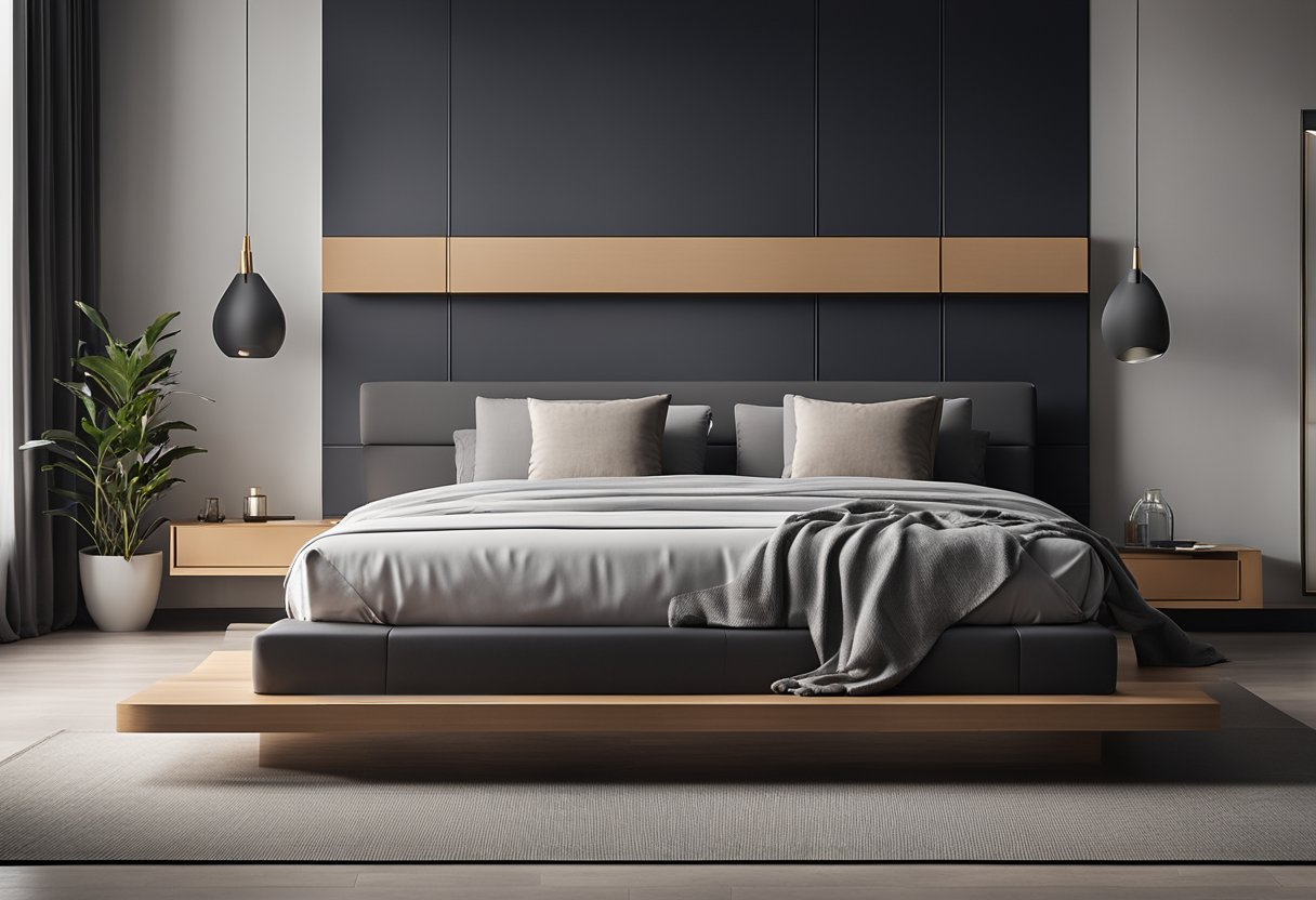 A sleek platform bed sits in a modern bedroom with clean lines and minimalistic decor. Frequently Asked Questions about bedroom design are displayed on a nearby screen