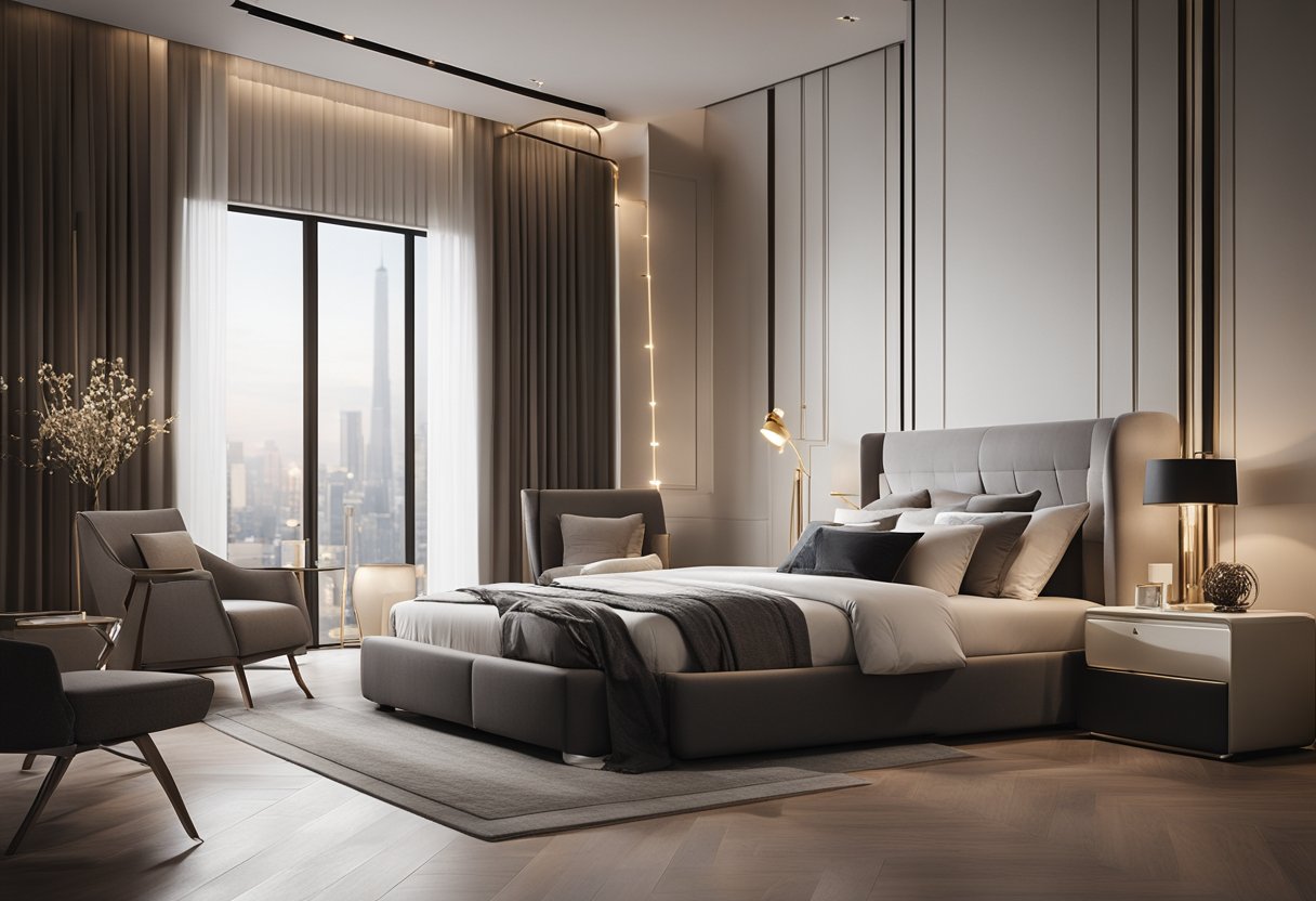 A luxurious bedroom with modern furniture, soft lighting, and elegant decor. A sleek, minimalist design with a touch of sophistication