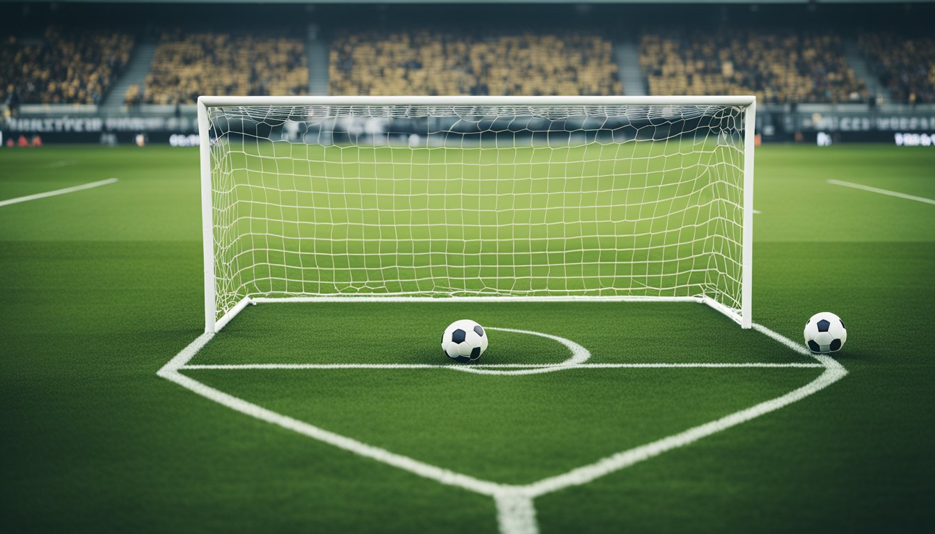 A soccer field with a goal, surrounded by enthusiastic fans, and a blogger brainstorming ideas on a laptop