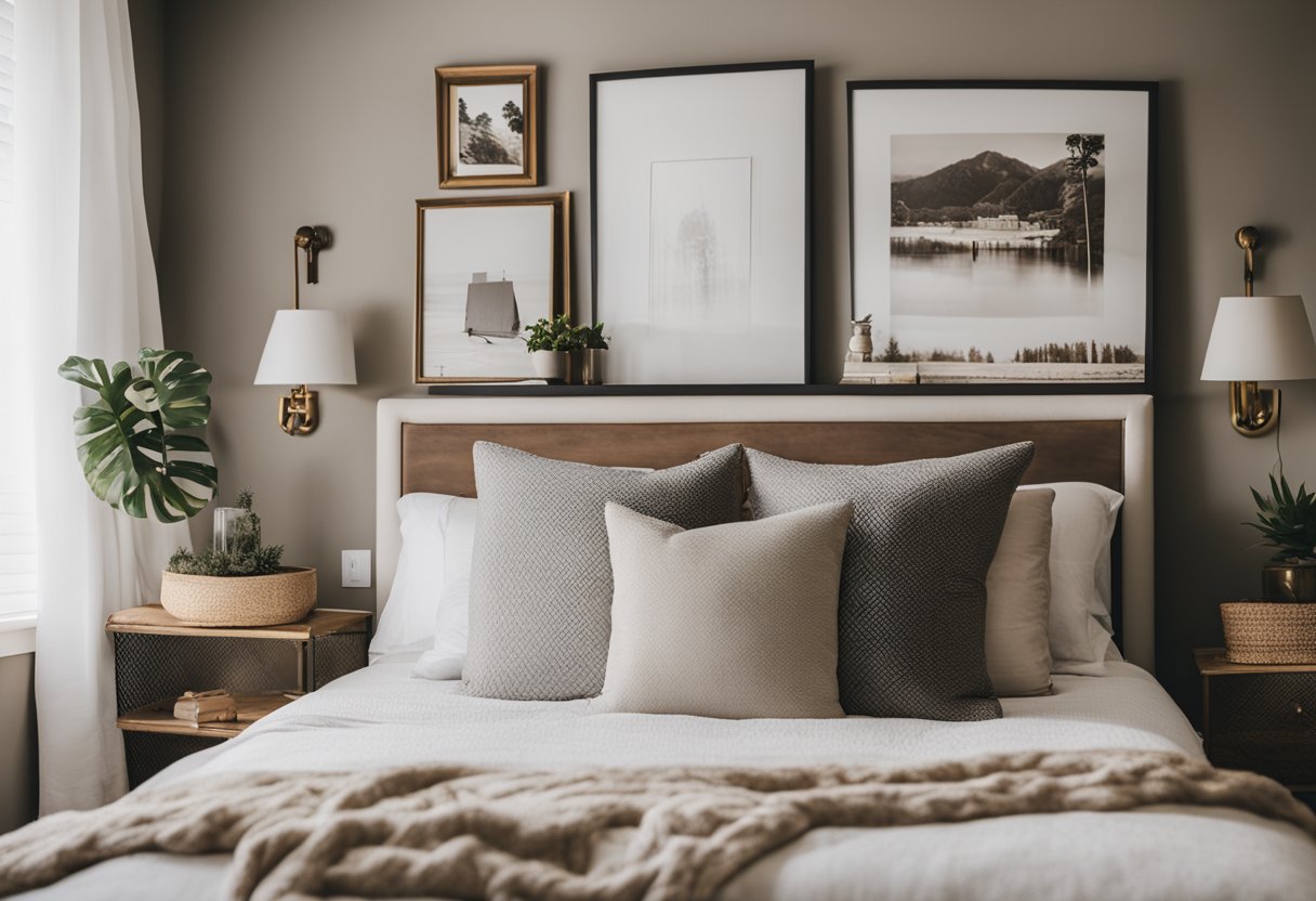 A cozy master bedroom with neutral colors, a simple yet elegant bed frame, and budget-friendly decor like DIY wall art and thrifted accent pieces