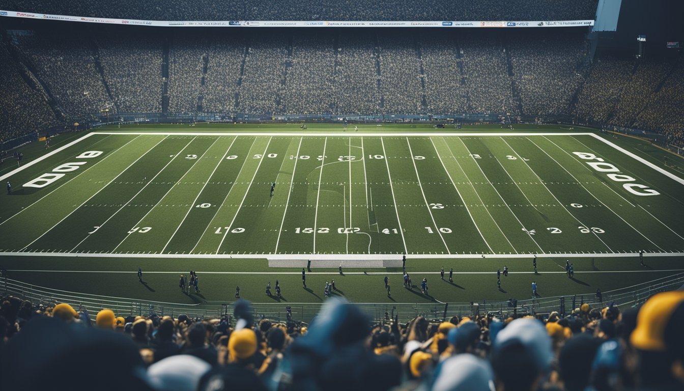 A football field with a blog logo on a large screen, surrounded by fans cheering and taking notes on the game