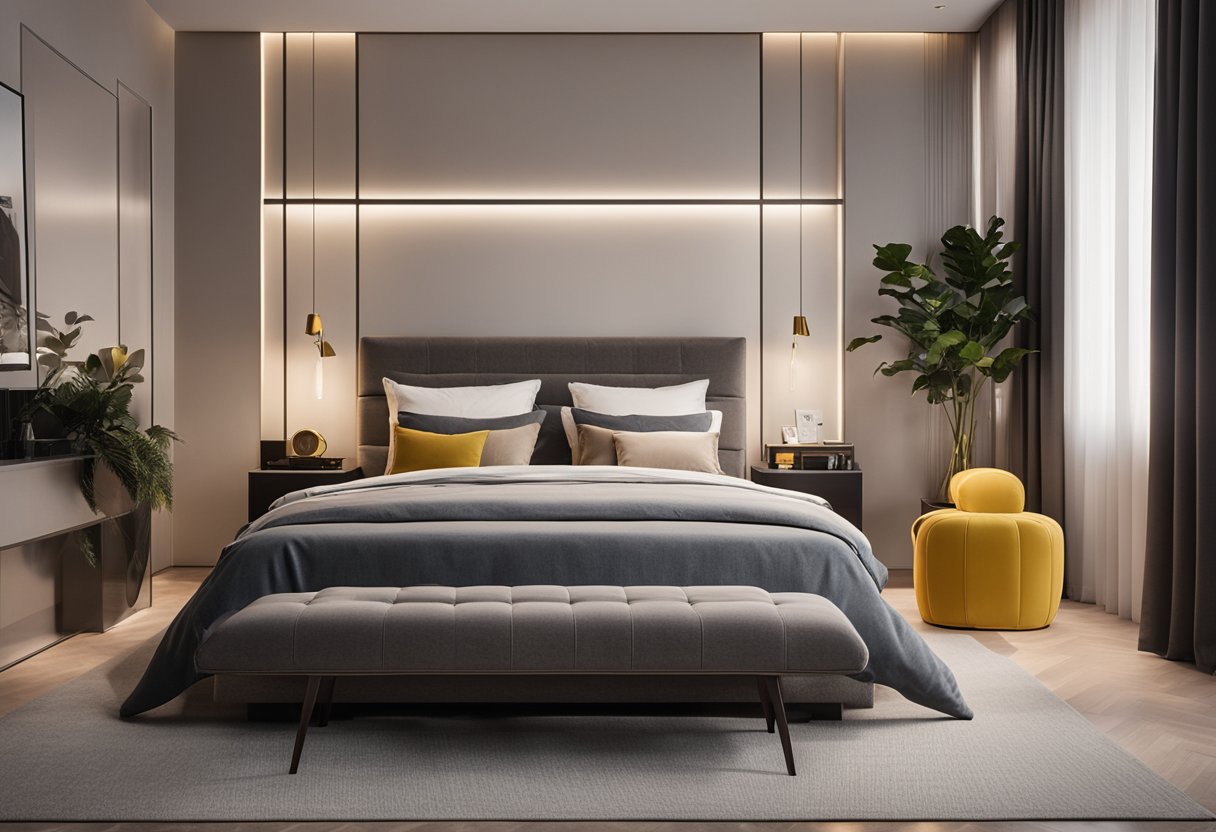 A cozy, modern bedroom with a sleek bed, stylish nightstands, and a trendy wardrobe. Soft lighting and a pop of color add warmth to the space