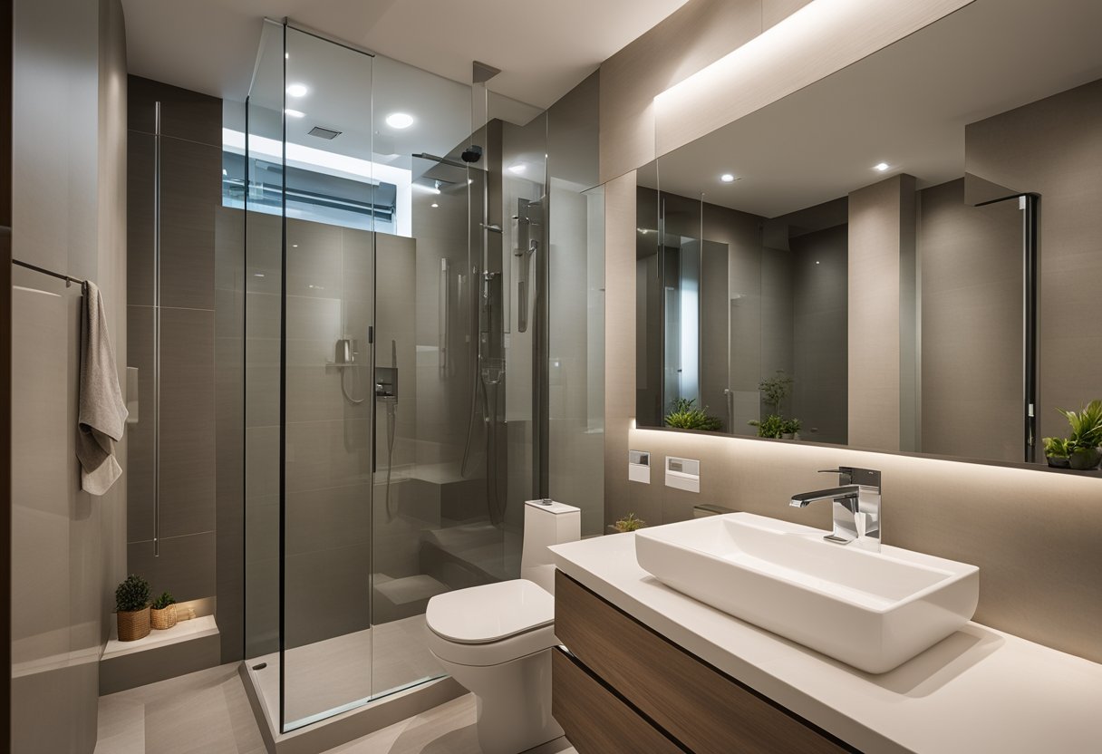 A spacious HDB master bedroom toilet with modern fixtures, a sleek glass-enclosed shower, a large vanity with dual sinks, and elegant lighting
